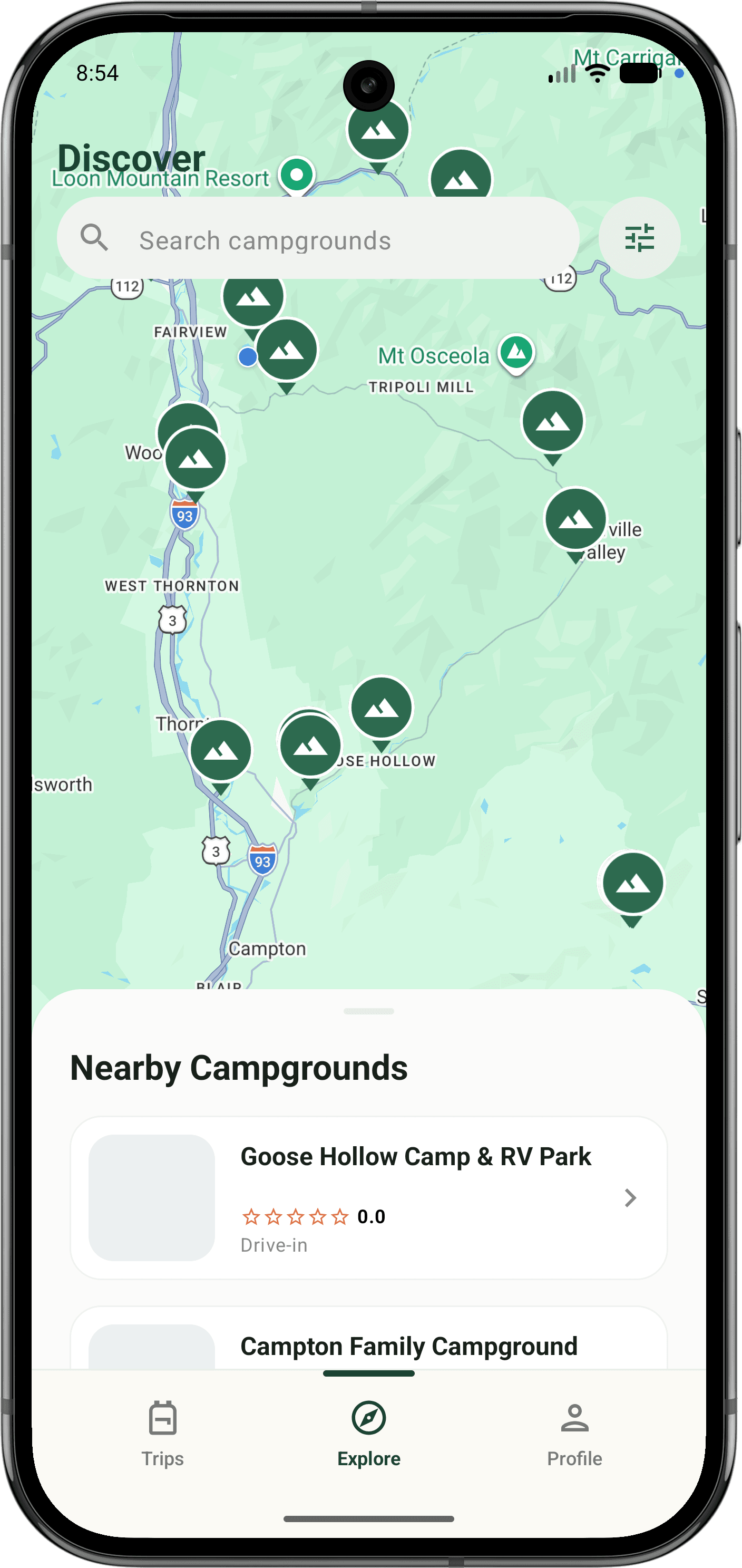 CampCritter discover map showing nearby campgrounds and campground results