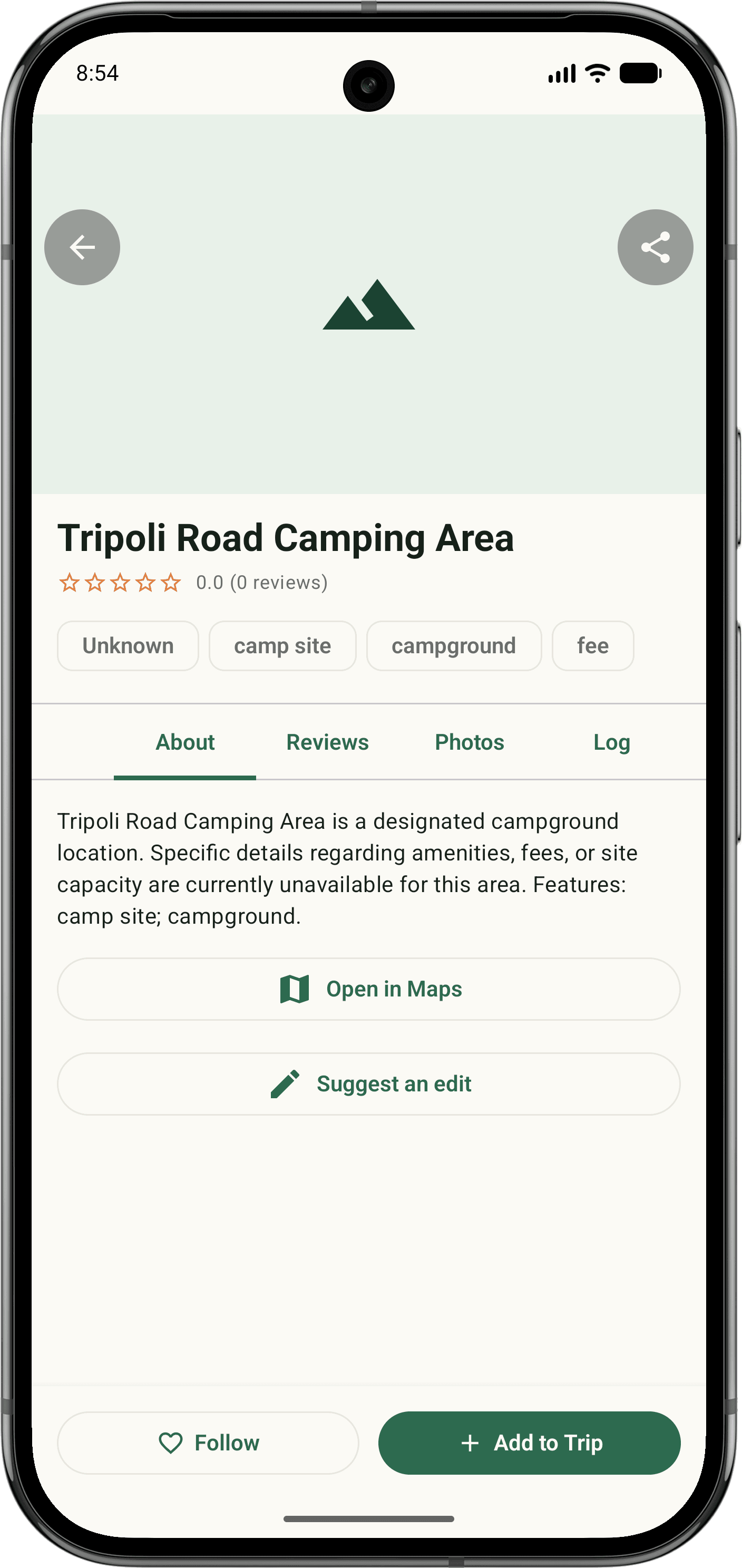 CampCritter campground detail screen with reviews, photos, map actions, and add-to-trip button